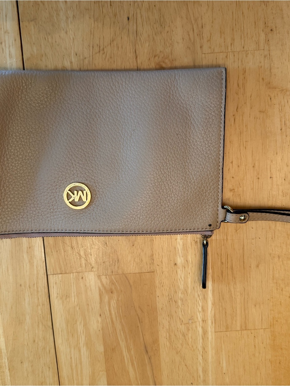 Michael Kors Taupe Pebbled Leather Wristlet with Gold Logo